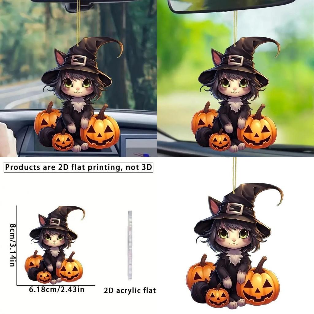 Halloween Flat Acrylic Surface Pendant With Cartoon Witch Cat Design Pumpkin