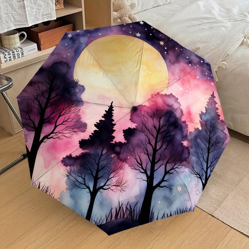 

1pc Moonlit Forest Automatic Folding Umbrella, Heavy Duty 8 Rib Iron Frame, Suitable for Travel, Daily Use, Birthday, Decor Gift m0105122