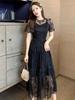 Black Hollow Mesh Lace Short-Sleeve Dress – Retro & Alluring French Style, Slimming Waist-Cinching Design for the Mature Woman.