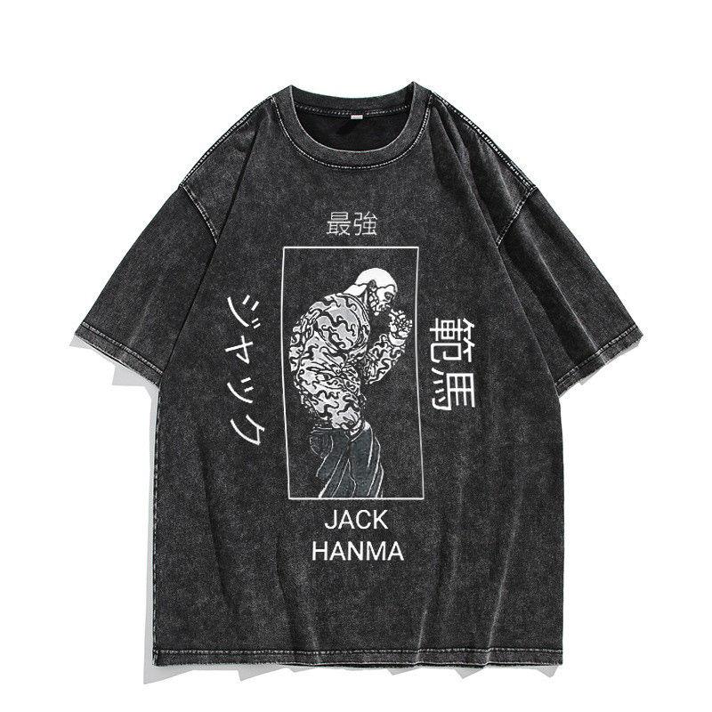 Vintage Washed T Shirt Anime Baki The Grappler Tshirt Hanma Yujiro Gym Short Sleeve Tshirts Oversized Cotton Casual Tee Shirt