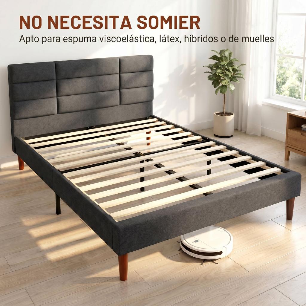 Upholstered Bed, 140 x 200 cm, Padded Mesh Headboard, Under-Storage, Grey Slats