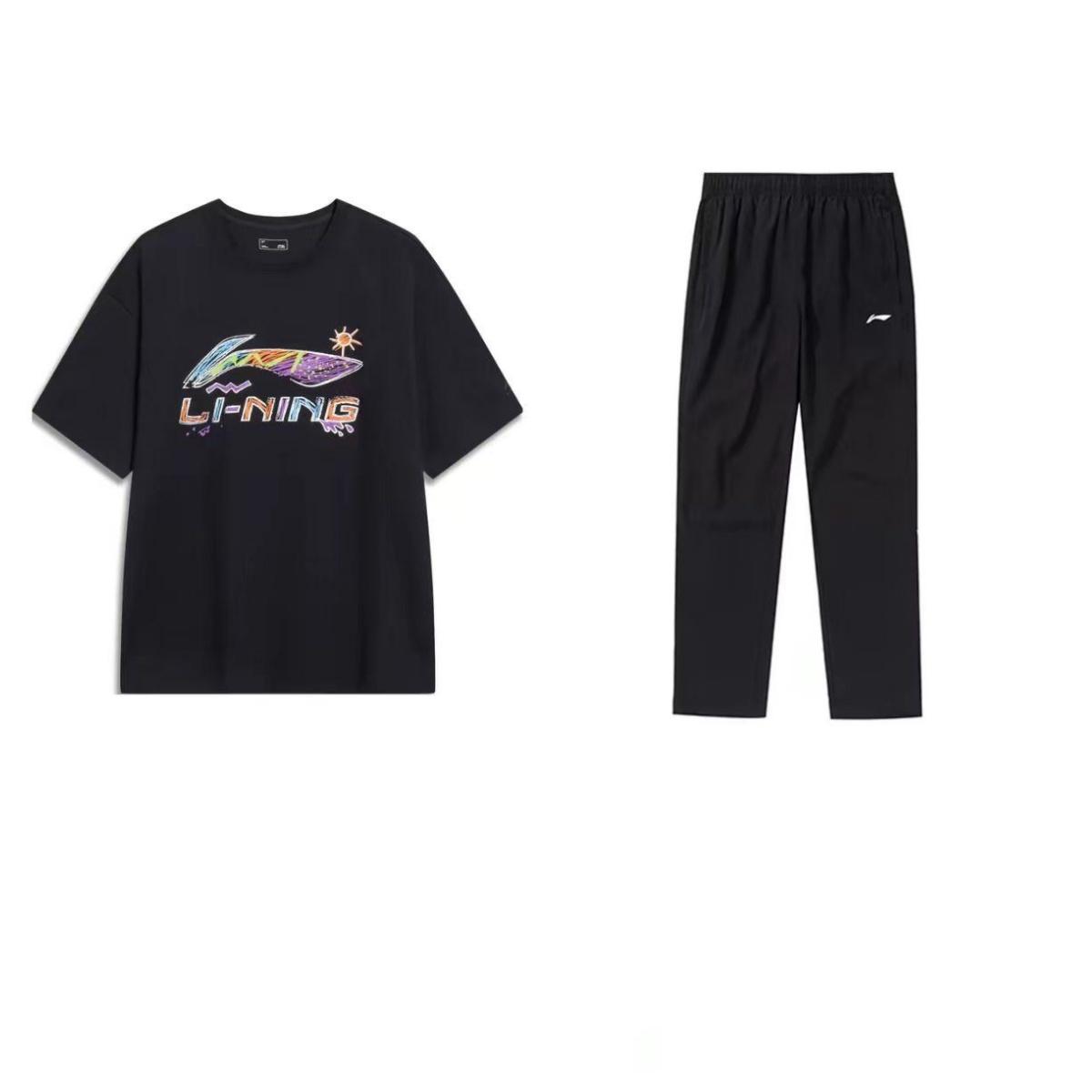 

Li-Ning Hand-Painted Logo Letter Print Comfortable Short Sleeve Breathable Elastic Waist Straight Leg Pants Casual Sports Suit AHSU745-1+AYKT413-1 XXXL
