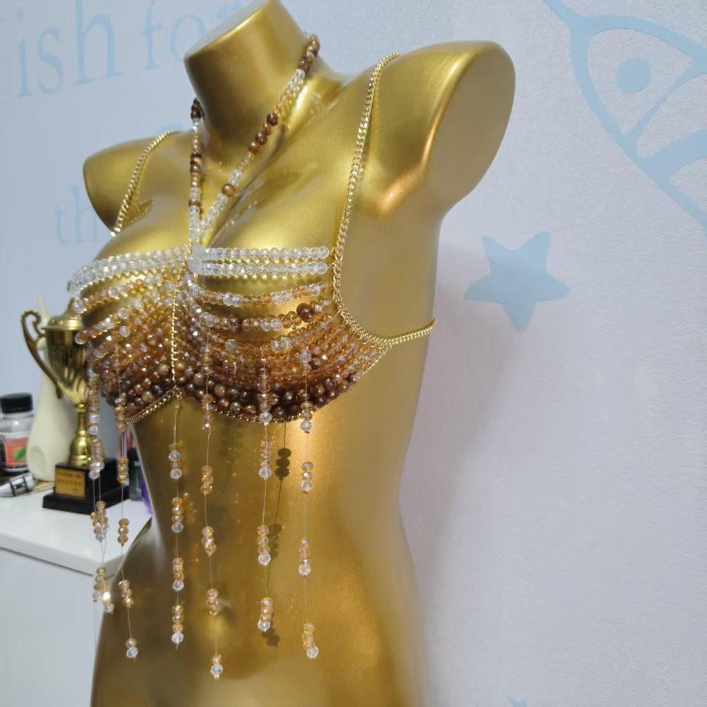 European Handmade Beaded Tassel Chest Chain - Strappy Back Beach Party Accessory