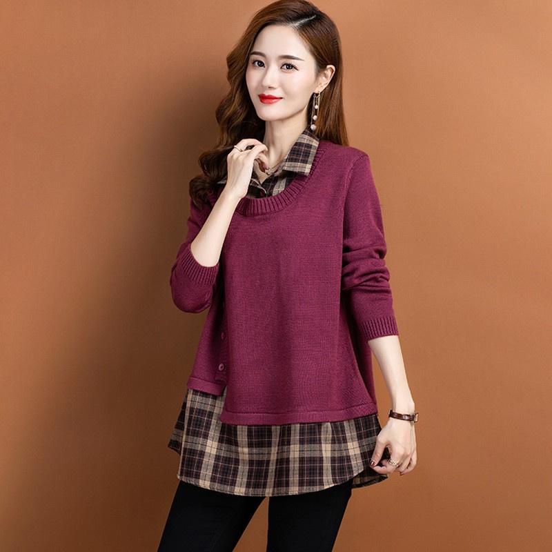 Frühling Herbst Gefälschte Zwei Stücke Pullover Mode Hemd Kragen Plaid Patchwork Gestrickte Pullover Tops Weibliche Pullover Mantel
