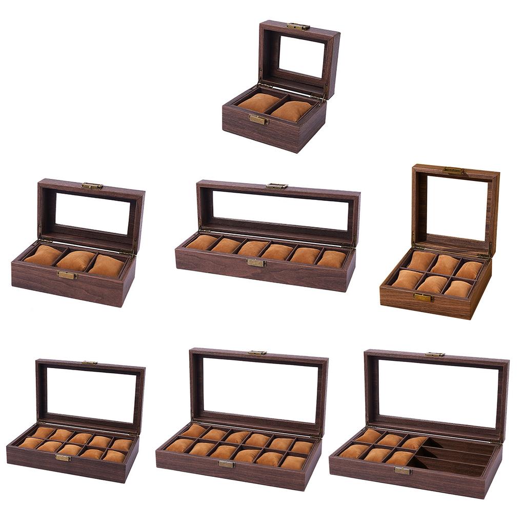 2/3/6/10/12 Grid Watch Box Wood Watch Cases Display Holder Wristwatch Organizer Jewelry Gift Box with Clear Lid & Pillow