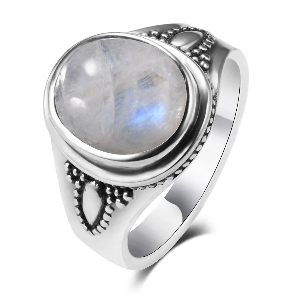 CopperJewelry 8x10MM Natural Rainbow Moonstone Gemstone Rings Luxury Jewelry Size 6-10