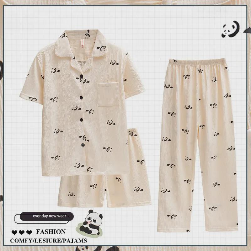 Dopamin Pembesi Çizgili Yazlık Pamuk Krep Pijama Takımı - Kadın Kısa Kollu Üç Parça