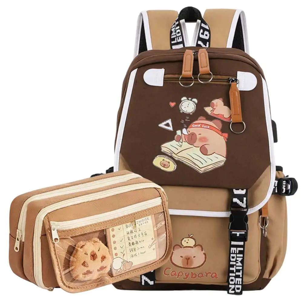 Capybara Flap Backpack with Pencil Case Fashion Casual Nylon Cute Bag Large Capacity Bookbag Animal Cartoon Daypack for Teens