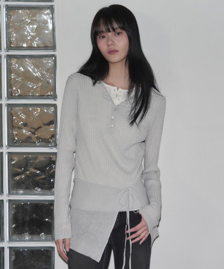 Ledeoli Henley Neck Layered Set Linen Knit Top [Black]
