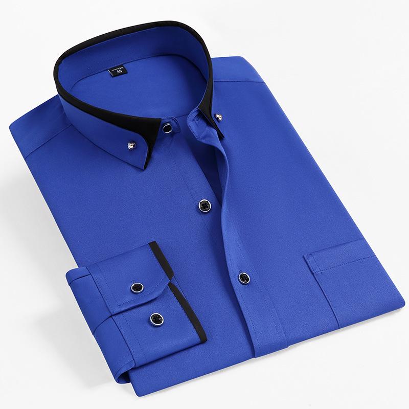 Men's Stretch Long Sleeve Contrast Collar Non-Iron Shirt - Business Casual, Spring/Autumn