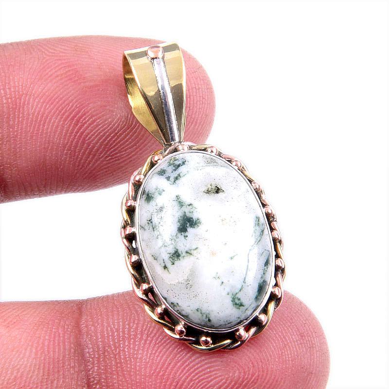 

Natural Green Dendrite Opal Gemstone 925 Solid Silver Two Tone Pendant 1.5 p7o17