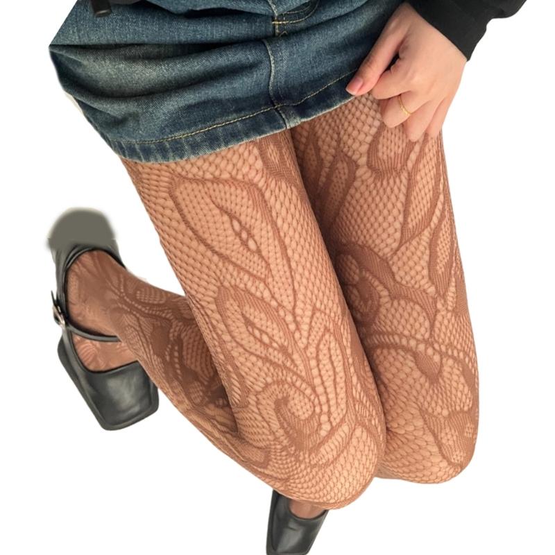 Women French Style Fishnet Mesh Pantyhose Stockings Aesthetic Elegant Hollowout Flower Patterned Tights Leggings Hosiery