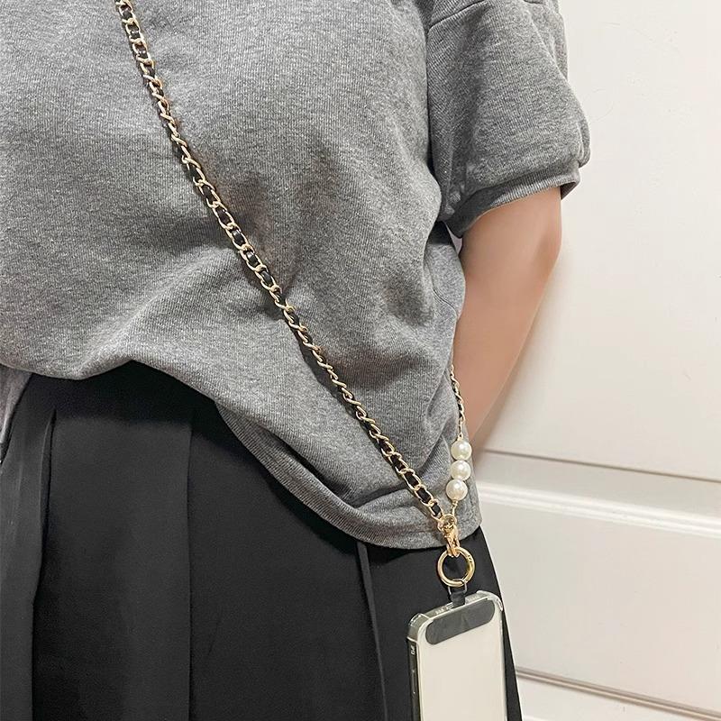 For Mobile Phone Straps Pearl Leather Chain Long Crossbody Neck Band Shoulder Cord Anti Loss Rope Hang Metal Leather Pendant