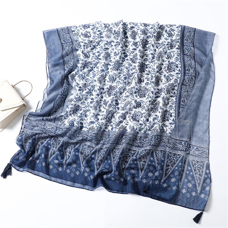 2024 Autumn/Winter New Cotton And Hemp Scarf Women'S Literary And Elegant Ethnic Style Retro Blue And White Porcelain Tassel Long Shawl