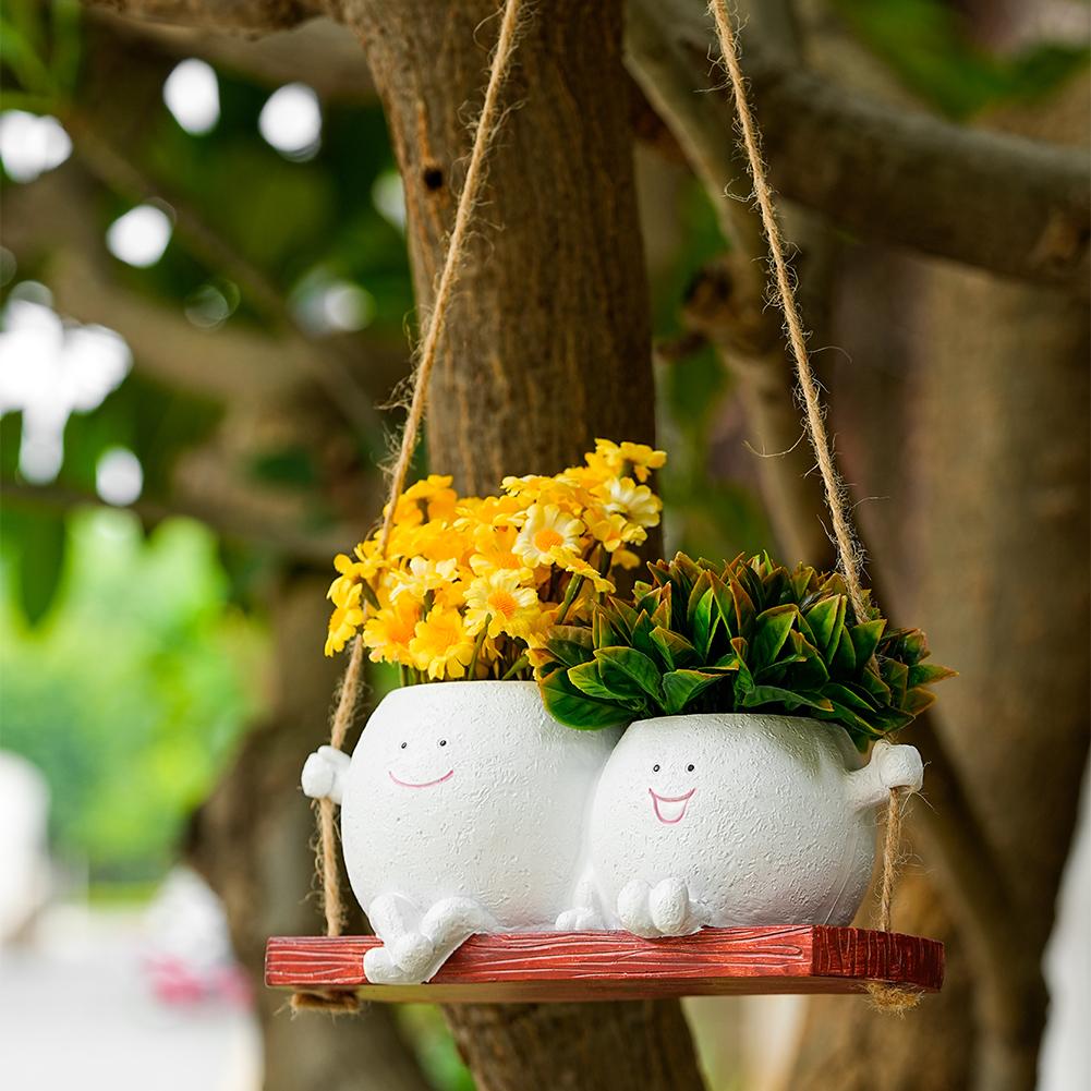 Cute Smiley Face Hanging Planter Resin Smiley Face Couple Planter Pot Creative Hanging Flower Pot For Indoor Outdoor Plants
