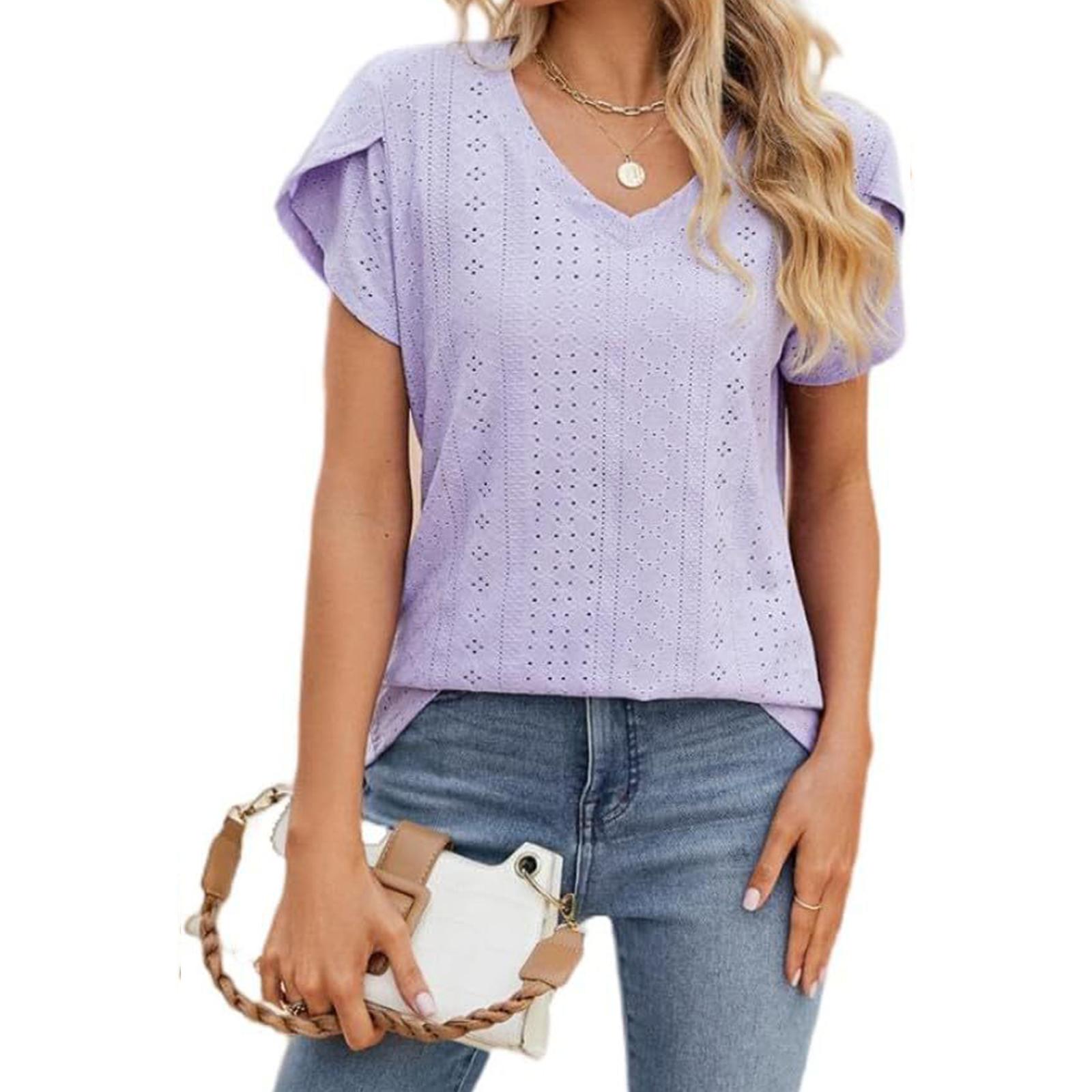 

Women s Casual Fashion V,neck Color Hollow Short,sleeved T,shirt Top S фіолетовий