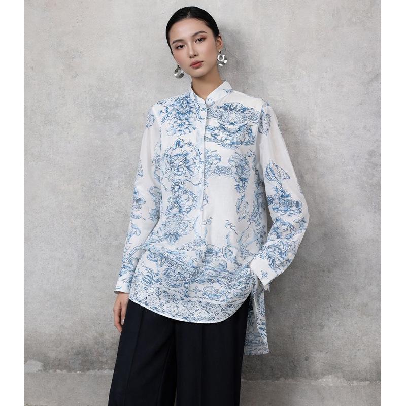 2026 Spring Women's Blue & White Porcelain Stand Collar Long Sleeve Shirt, Chinese Style, Slim Fit, Pure Cotton