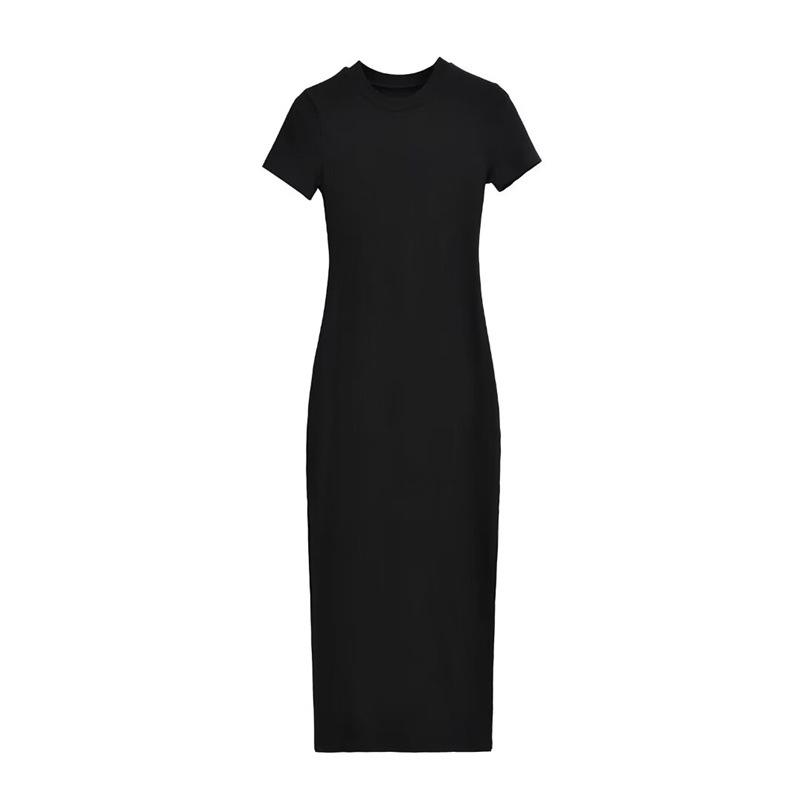 Women s Spicy Girl Double Slit Round Neck Short Sleeve Summer Slimming Midi Dress Medium чёрный