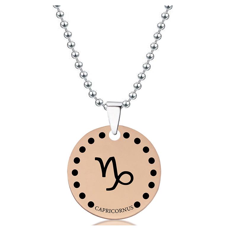 Rose Gold Stainless Steel Necklace with Twelve Constellations Engraved Round Tag - Christmas Holiday Gift