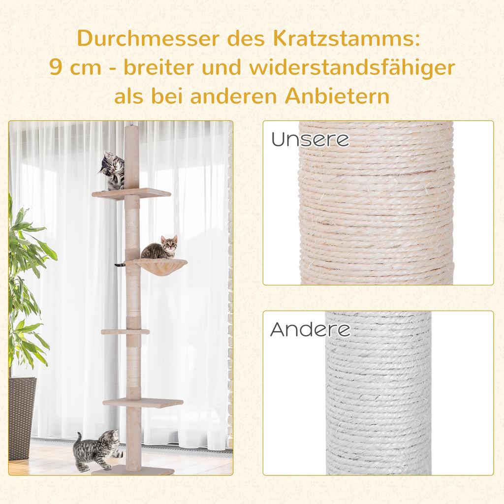 Floor To Ceiling Cat Tree 230-260cm Height Adjustable, 5-Tier Cat Tower with Scratching Posts, Hammock, Perches