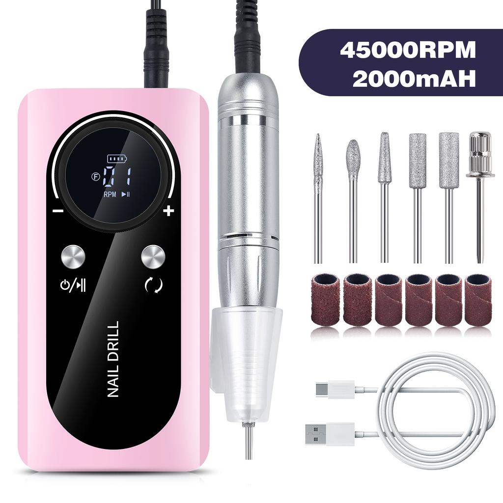 Professional Nail Drill Electric Nail File Manicure Pedicure Kit 45000RPM Portable with 6 Drill Bits for Salon and Home Use