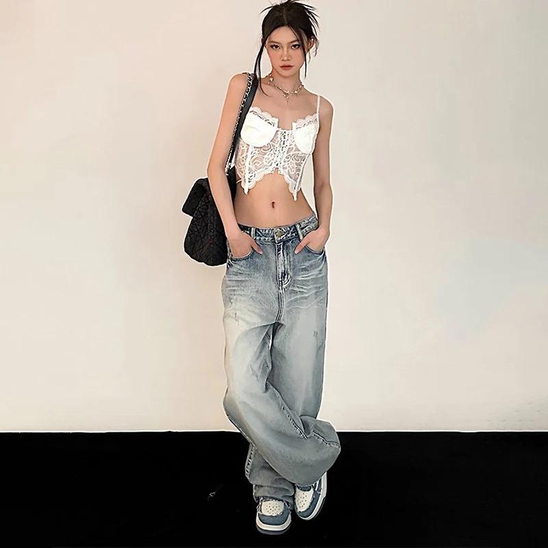 Y2K-pantalones vaqueros holgados Retro para mujer, ropa de calle Vintage, pantalones vaqueros de gran tamaño, pantalones de pierna ancha rectos Hippie ajustados, estilo coreano