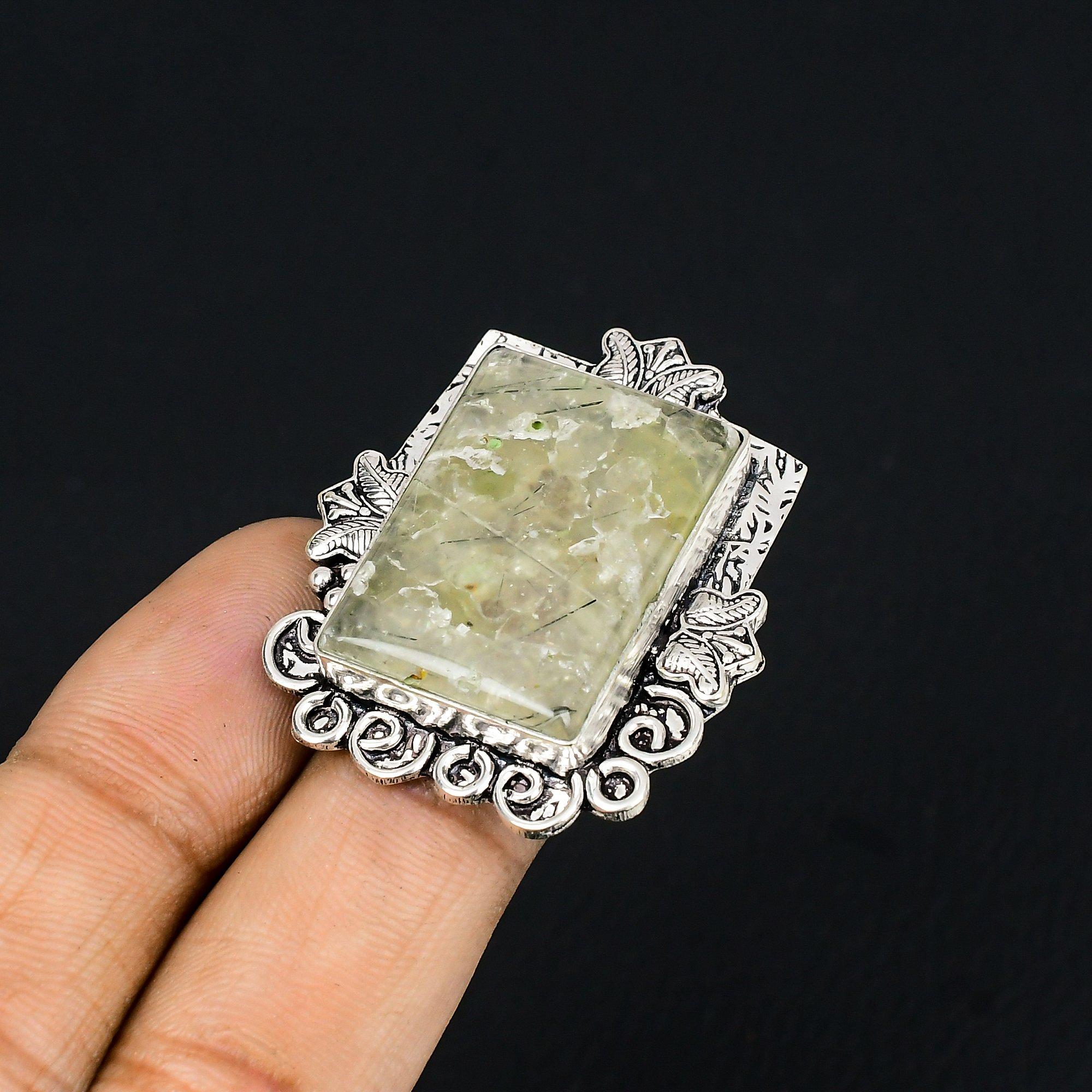 

925 Silver Rectangle Moss Prehnite Gemstone Anniversary Sister Ring Jewelry US 6 6