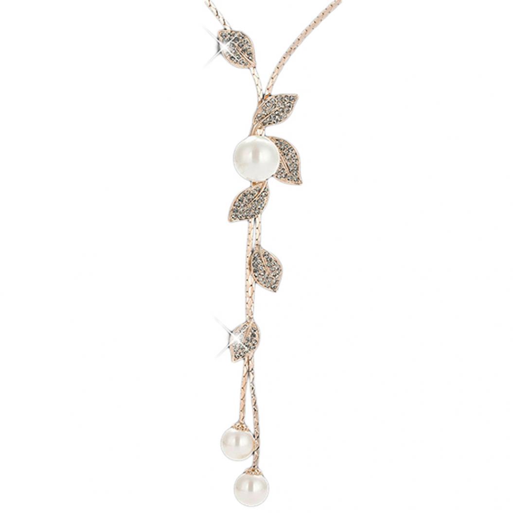 

Длинная женская цепочка с кулоном в виде листьев и жемчуга