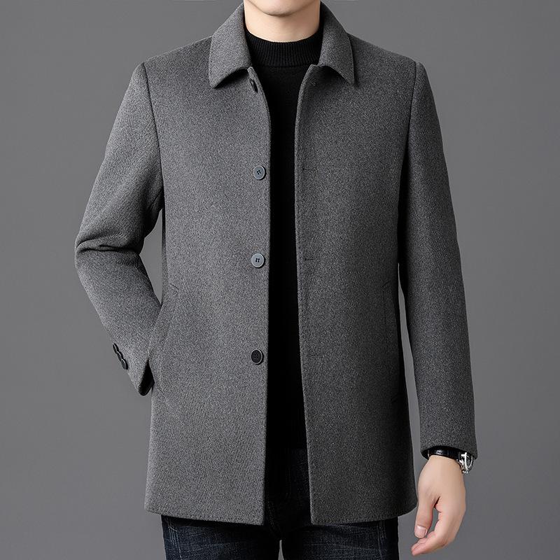 Men's High-Quality Double-Sided Cashmere Trench Coat with Goose Down Liner - Casual Woolen Coat for Middle-Aged Dads