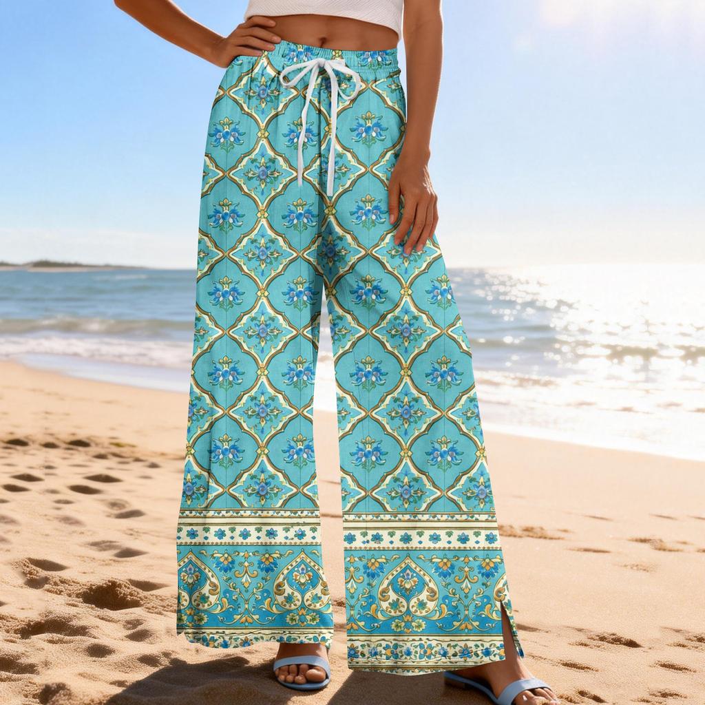 Women Summer Boho Palazzo Pants High Waist Wide Leg Printing Casual Trousers With Pockets