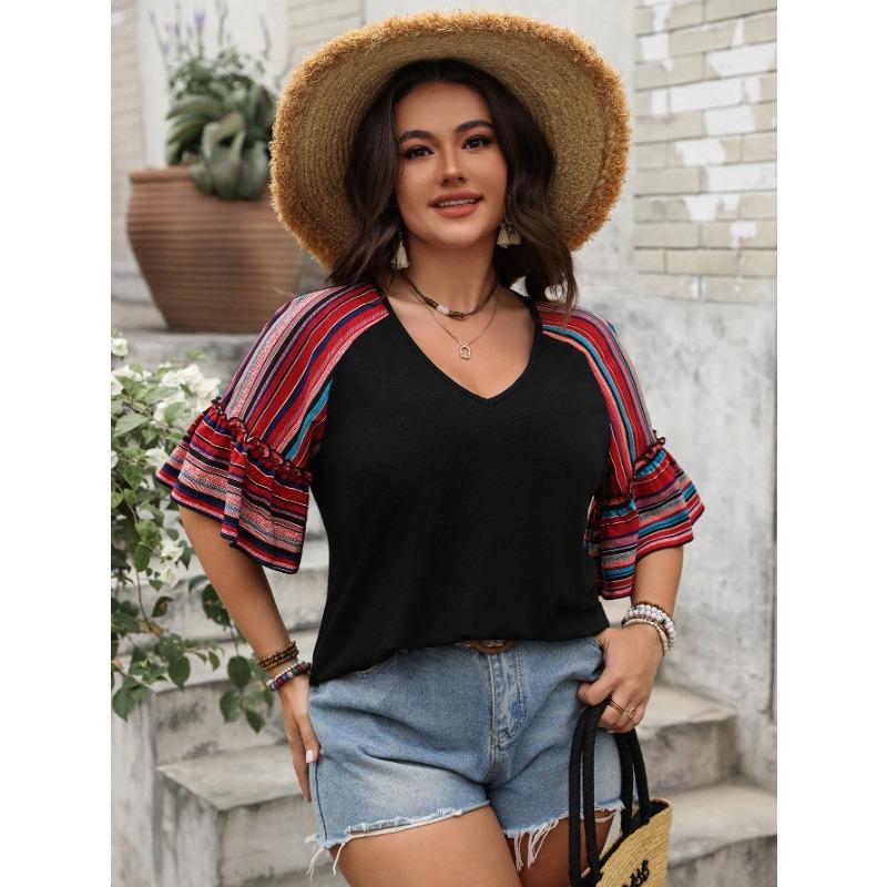 

Женский весенне-летний темпераментный повседневный свободный топ с V-образным вырезом и короткими рукавами 4XL чёрный