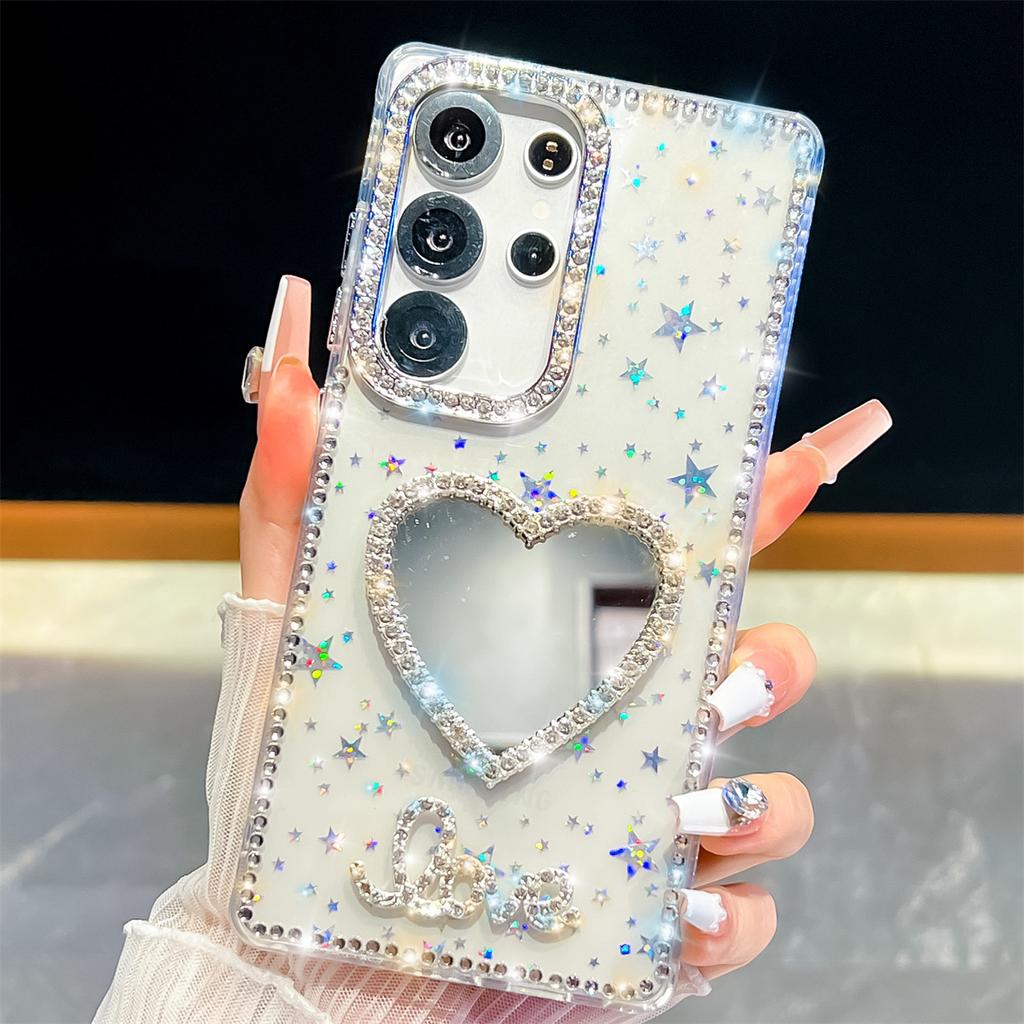 Handmade Sparkly Diamond Heart Mirror IMD Phone Case, Compatible with Samsung S23 Ultra/S24/S25 & A07/A15/A16/A17/A26/A35/A36/A55/A56