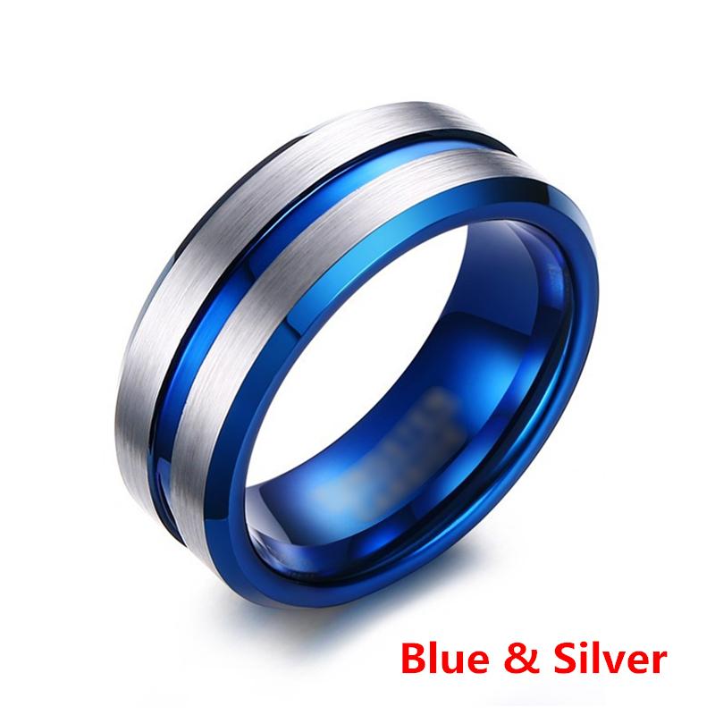 8MM Men's Stainless Steel Rings Blue Red Colorful Groove Beveled Edge Wedding Engagement Ring Men's Anniversary Jewelry