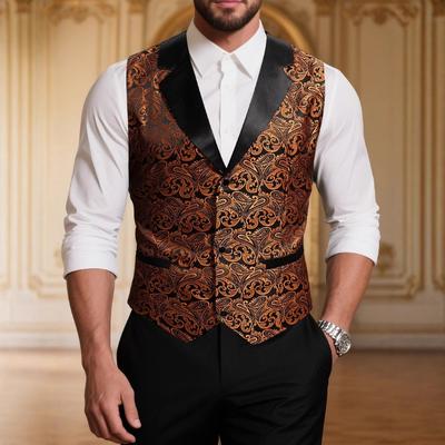 Chaleco de Traje Jacquard Paisley Negro y Dorado para Hombre con Solapa de Satén Chaleco Formal para Boda y Fiesta