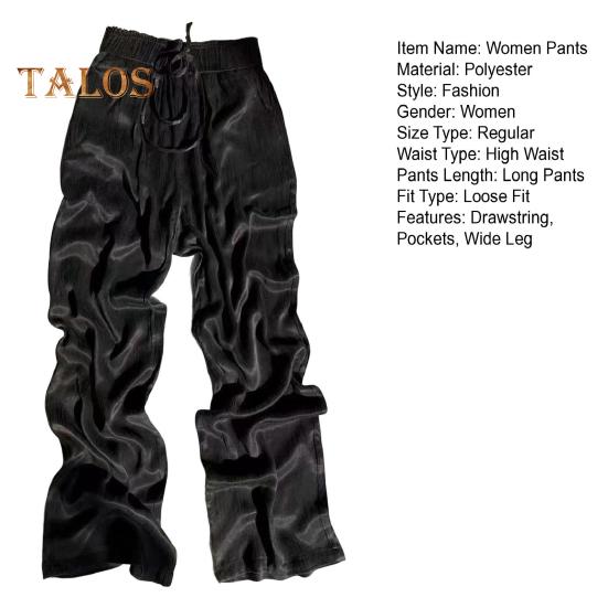 Women Casual Pants Elastic Waist Adjustable Drawstring Straight Wide Leg Trousers with Pockets Solid Color Loose Fit Long Pants