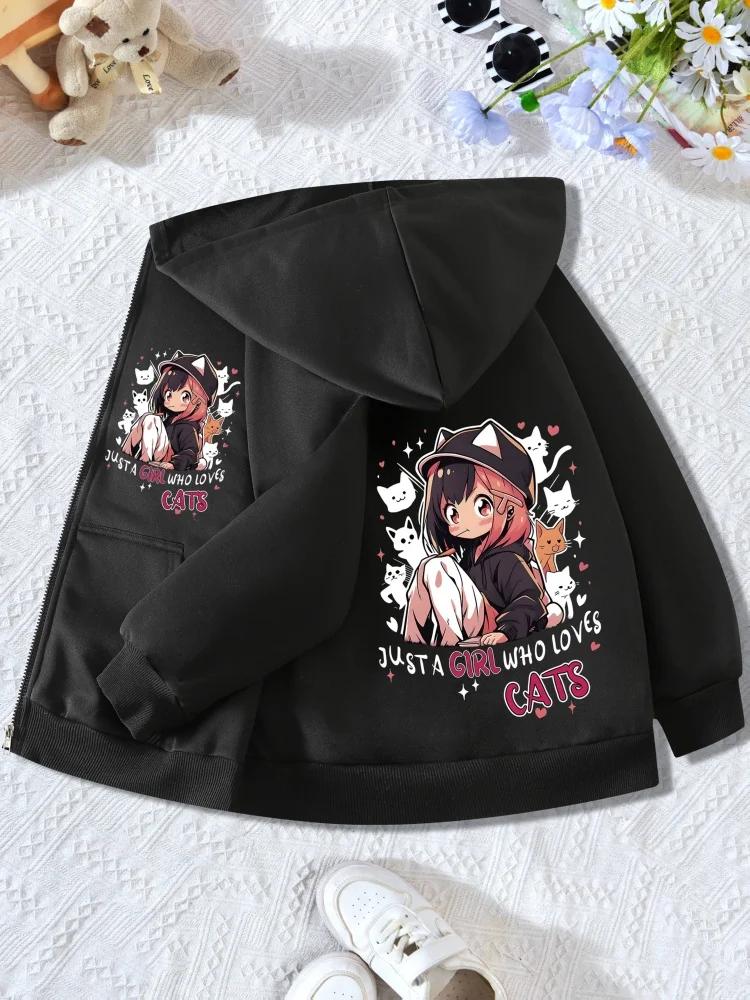 Girls Zip Up Hooded Jacket Anime Girl Cat Letter Print Long Sleeve Casual Kids Hoodie For Daily Outdoor Outfit
