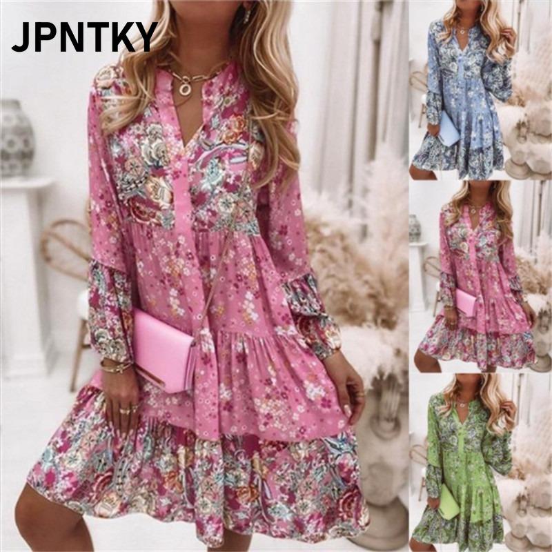 JPNTKY Fashion Autumn Winter Long Sleeve V-Neck Casual Dresses International design