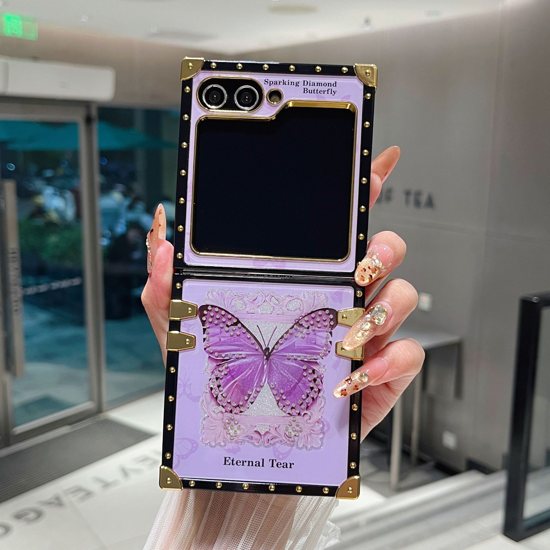 

Подходит для Samsung ZFlip3456 Чехол для мобильного телефона с цветочным и бабочковым дизайном, блестящей пудрой и бриллиантами внутри, Защитная складная крышка для Huawei Pocket2 ZFlip6