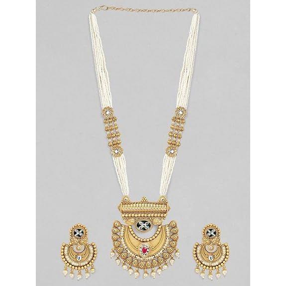 Gold-Plated Handcrafted Artificial Traditional Jewelry Set-Ruby/Kundan Stones & Pearl Beaded Multistrand with Matching Earrings For Women and Girls