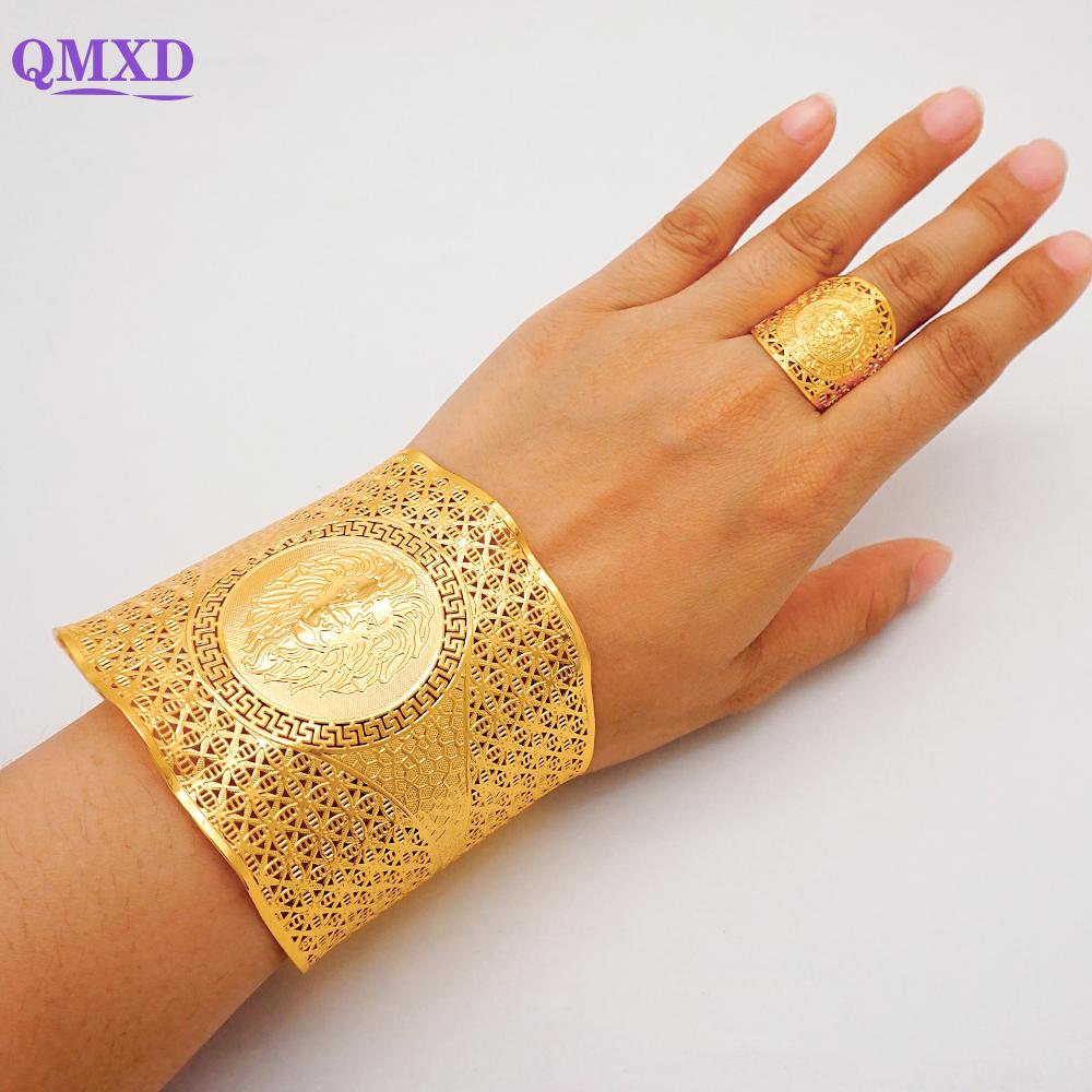 Dubai Gold Color Bangle With Ring For Women Charm Chain Cuff Bracelet Indian Bracelet Arabic France Bridal Wedding Jewelry Gifts