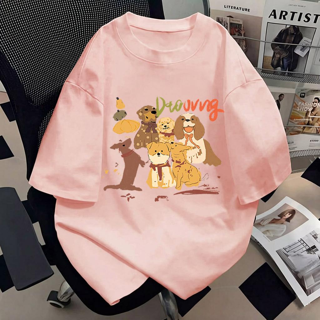 Women Cute Dog Graphic Print Cotton Short Sleeve T-Shirt Loose Oversized Round Neck Basic Tee Plus Size Casual Summer Tops