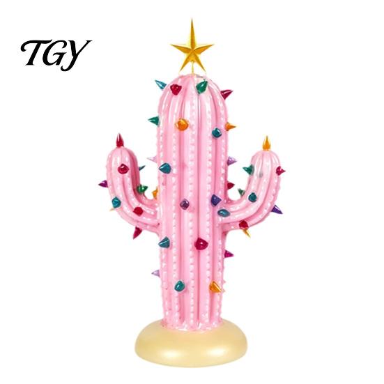 Resin Tabletop Decor for Home Vintage Lighted Cactus Christmas Tree, Saguaro with Bulbs & Golden Colorful Crystal Lamp Display Star Topper,
