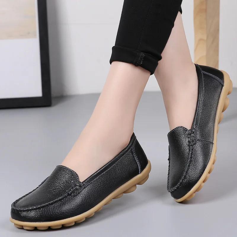 Genuine Leather Shoes Woman Soft Boat Shoes for Women Flats Shoes Big Size Ladies Loafers Non-Slip Sturdy Sole