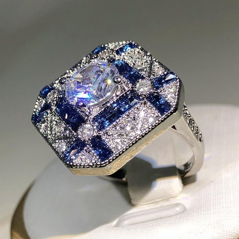 Cuivre Luxe Géométrie Grandes Bagues Pour Hommes Femmes Zircon Bleu Blanc Bague de Fiançailles Pierre de Naissance bague saphir