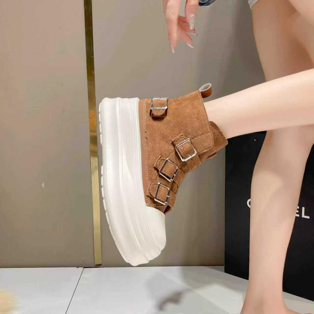 Thick-soled Small Square Buckle Short Boots Women's 2025 Autumn New Fashionable Versatile Breathable Casual Height-increasing Martin Boots
