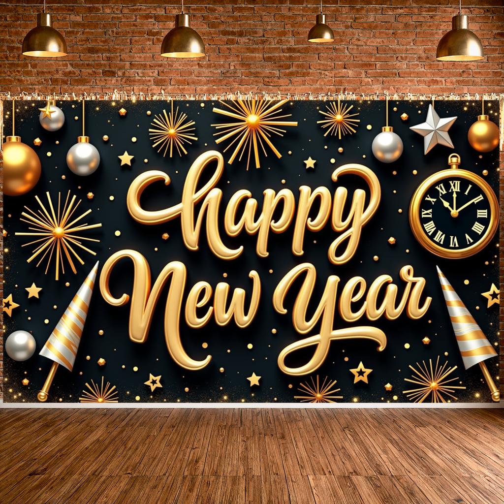 Happy New Year Banner Festive  Holiday Celebration Display Holiday Background Black Background Year-end Display For Office