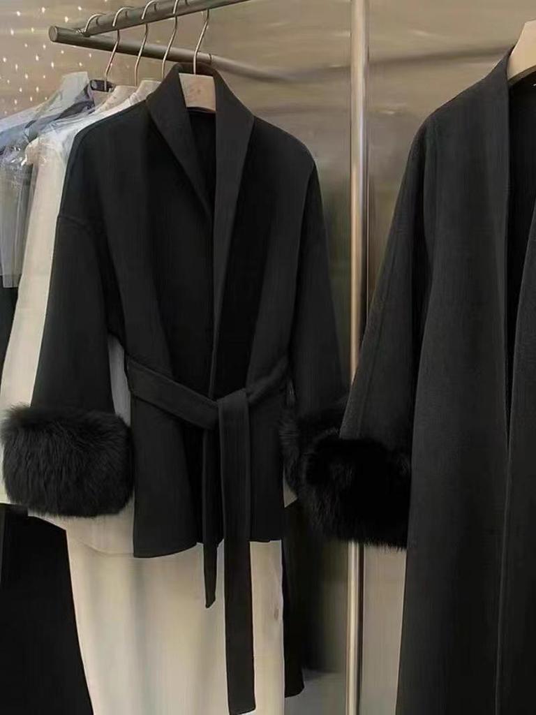 Fox Fur Cuff Woolen Coat - Women's Winter Slimming Style