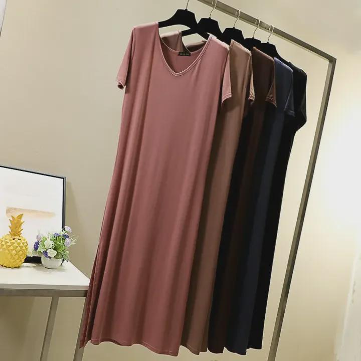Loose V-Neck Short-Sleeve Modal Nightdress for Plus-Size Women - Spring/Summer Long Slit Skirt Style