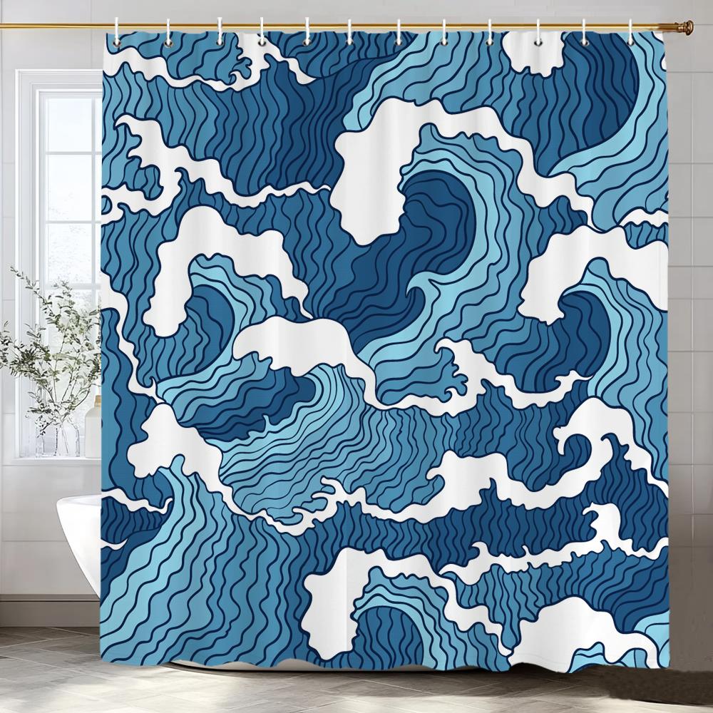 Japanese Wave Mount Fuji Plum Blossom Flower Printied Shower Curtain Waterproof Polyester Fabric Bathroom Curtains with 12 hooks