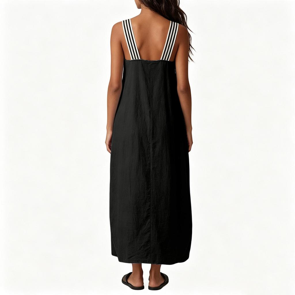 Women Sleeveless Loose Fit Casual Long Dress with Adjustable Striped Straps Lightweight Summer Maxi Dress for Daily Wear